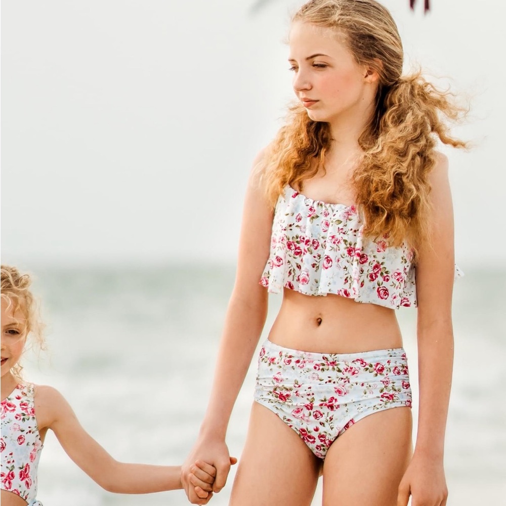 💗Sz 8 SweetHoney Tween drape bikini Budding Roses 2 piece swimsuit.